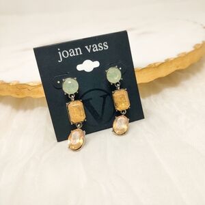 NWT Joan Vass tiered dangle faux jewel earrings gold champagne light green